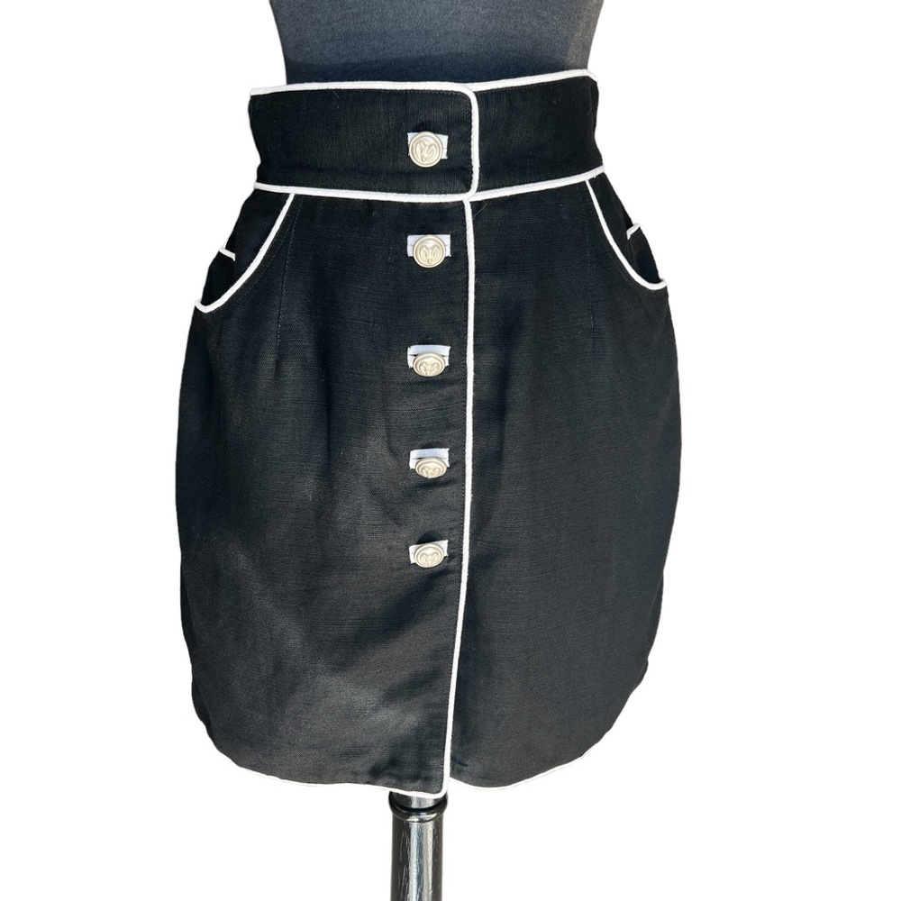 VINTAGE MOSCHERY MADE IN USA LINEN SKIRT BLACK W/ WHITE PIPING SIZE 8  POCKETS
